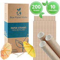 Paper Straws Biodegradable – Eco Friendly Straws – Box of 200 – Also Includes 10 Paper Cocktail Umbrellas - Drinking Straws for Smoothies, Juices and Party (Kraft paper straws + paper umbrellas)