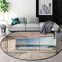 Modern Modern Machine Washable Round Bath Mat,Empty Modern Lounge Area with Large Window and View of Sea Waves Rocks Art Non-Slip Living Room Soft Floor Mat,Round-55 Inch Beige Blue White