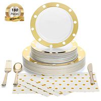 180 Pcs Serves 30, Gold Party Supplies Set | Reusable | Enough For Multiple Small Parties | Polka Dot Disposable Plastic Dinnerware | Includes Dinner Plates, Dessert Plates, Cutlery & 3-Ply Napkins