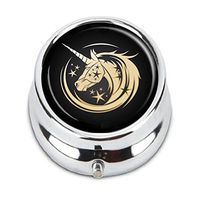 Guojew Golden unicorn head circle symbol with stars Custom Fashion Round Pill Box Tablet Holder Pocket Purse Organizer Case Decoration Box