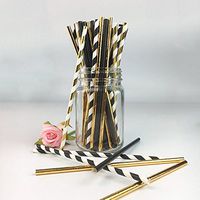 Biodegradable Stripe Straws Gold and Black Paper Drinking Straws for Party 100 Pcs 7.75 Inches for Adult and Kids by Youmewell
