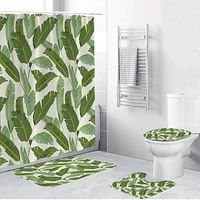 Naiflowers 4 Piece Non-Slip Bathroom Toilet Rug Mats pad & Rug Contour& Shower Curtain with Hooks & Lid Cover, Entryway Kitchen Washable Bath Shower Curtain Carpet,Leaf