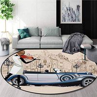 RUGSMAT Urban Modern Washable Round Bath Mat,Hand Drawn Illustration of Street Musician Retro Cars and Old Buildings Vntage Non-Slip Bathroom Soft Floor Mat Home Decor,Diameter-55 Inch