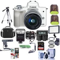 Canon EOS M50 Mirrorless Camera with EF-M 15-45mm f/3.5-6.3 is STM Lens, White - Bundle with 64GB SDHC Card, Camera Case, Tripod, 2X Spare Battery, Dual Charger, Video Light, Zoom Flash, and More