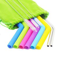 Qulable Silicone and Stainless Steel Drinking Straws,Extra Long Colored Flexible Smoothie Reusable Silicone Straws for 30 oz Tumbler Yeti/Rtic,Cleaning Brush and Storage Pouch Inclued (Silicone Straw)
