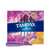 Tampax Radiant Plastic Tampons, Regular Absorbency, Unscented, 28 Count (Pack of 4) (112 Count Total) (Packaging May Vary)