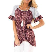 Meikosks Women's Leopard Patchwork Short Sleeve T-Shirt Summer Round Neck Blouse Knotted Tops Wine