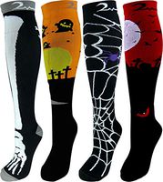 4 Pair Medium/Large Extra Soft Premium Quality Colorful Moderate Graduated Compression Socks 15-20 mmHg. Nurses, Running, Travel, Knee-High, Mens & Womens Comfort Blend. Halloween Dress Up Designs