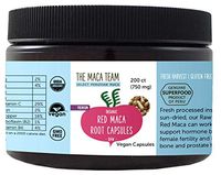The Maca Team Premium Raw Red Maca Root Capsules, Certified Organic, Vegan, GMO- and Gluten-Free, 750 mg Size, 200 Count