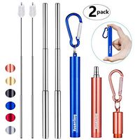 [Updated] 2 Pack Portable Collapsible Reusable Straws - Telescopic Stainless Steel Metal Travel Straw Drinking with Case, Cleaning Brush and Keychain, by Huameilong, (Blue and Rose)