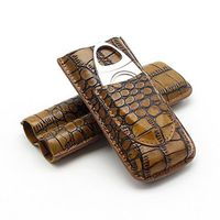 2 Pcs Genuine Leather Pocket Cigar Travel Holder, Ehonestbuy 2 Compartments Mini Humidor Case with Cigar Cutter (Embossed Brown)