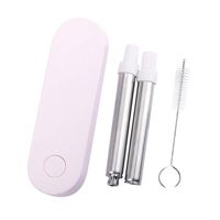 Collapsible Straw, Telescopic Straw Stainless Steel Reusable Foldable Drinking Straws Food-Grade Portable Set with Hard Case Holder Cleaning Brush for Travel, Household, Outdoor Pale Pink