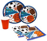 Happy Birthday Sports Pack! Disposable Paper Plates, Napkins and Cups Set for 15 (With free extras)