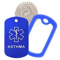 Asthma Medical Alert ID Necklace with Blue Tag, Blue Silencer, and 30'' USA Chain - 154 Color Choices