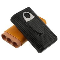 Cigar case with the capacity of 3 cigars and stainless steel cigar knife. Portable cedar wood -lined leather embossed two-colored travel cigar case. (Cigar Case)