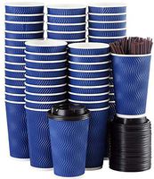 Disposable Coffee Cups with Lids and Straws - 16 oz (90 Set) Togo Hot Paper Coffee Cup with Lid To Go for Beverages Espresso Tea Insulated Reusable Cold Drinks Ripple Cups Protect Fingers From Heat!