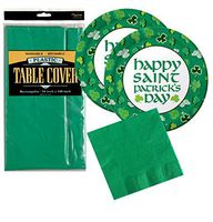 St Patricks Day Disposable Dinnerware Party Bundle - Argyle Shamrocks - Dinner Plates, Napkins, Tablecover (Serves 16)