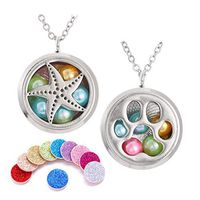 2PCS Pearl Cage Beads Cage Necklace Aromatherapy Essential Oil Diffuser Necklace Two Patterns Pendant Locket Jewelry 25.6"+2'' Extender Chain Stainless Steel Perfume Necklace (Starfish & Paw Print)