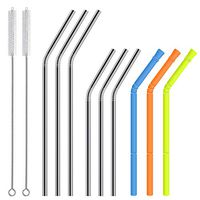 6 Pack Stainless Steel Straws Curved and 3 Pcs Silicone Collapsible Straws, Metal Reusable Drinking Straw Final Portable Long Set 8.5/10.5 Inch Bent with 2 Cleaning Brush for 30oz/20oz Yeti Tumblers