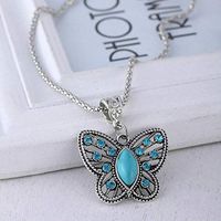Retro Silver Necklace Butterfly Hollow Crystal Inlay Pendant Turquoise Prom Pretty Beautiful Bright Cute Stylish Simple Cheap Elegant Jewerly Aesthetic