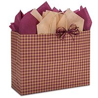 NW Burgundy Gingham Paper Shopping Bags - Vogue Size - 16 x 6 x 12in. - 250 Pack
