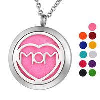 Heart"Mom" Essential Oil Diffuser Necklace Locket Jewelry, 23.6" Chain Stainless Steel Perfume Necklace