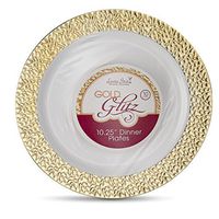 [16 Count - 10 Inch Plates] Laura Stein Designer Tableware Premium Heavyweight Plastic White Dinner Plates With Gold Border, Party & Wedding Plate, Glitz Series, Disposable Dishes