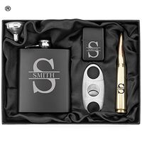 Monogram Initial Engraved Hip Flask, Funnel, Lighter, Cigar Cutter and Brass 50 Caliber Bullet Bottle Opener Matte Black Gift Box 50 Cal Custom Personalized