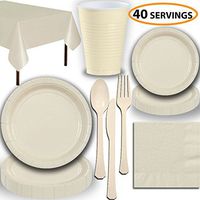 Disposable Party Supplies, Serves 40 - Cream - Large and Small Paper Plates, 12 oz Plastic Cups, Heavyweight Cutlery, Napkins, and Tablecloths. Full Tableware Set