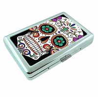 Sugar Skull R1 Hip Silver Cigarette Case Id Holder Metal Wallet 4" X 2.75" RFID Protection