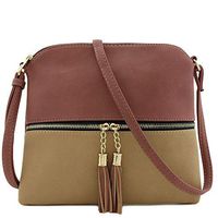 Lightweight Color-block Medium Crossbody Bag with Tassel (Mauve/Taupe)