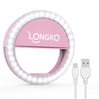 LONGKO Rechargeable 36 LED Clip on Selfie Ring Light 3-Level Supplementary Lighting for iPhone X 8 7 Plus Android Cellphone iPad Tablet Camera (Pink)