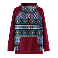 HNTDG Women Autumn Winter High Collar Drawstring Long Sleeve Patchwork Print Pocket Pullover Fleeces Blouse Wine
