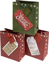 Christmas Medium Gift Bags with Kraft Gift tag Designs, Set of 12 Medium Bags, 8 3/4" x 7" x 4"