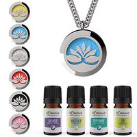 mEssentials Lotus Open Design Essential Oil Diffuser Necklace Stainless Steel Locket Pendant with 24" Chain+ 4 Essential Oils (Lavender, Peppermint, Inner Calm, Zen) Gift Set