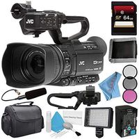 JVC GY-HM250 GY-HM250U UHD 4K Streaming Camcorder + 64GB SDXC Card + 62mm 3 Piece Filter Kit + JVC QAN0067-003 Microphone + Memory Card Wallet + Professional 160 LED Video Light Studio Series Bundle
