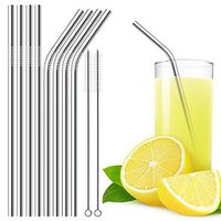 Stainless Steel Metal Eco-Friendly Reusable Set of Premium 10.5 IN long Dishwasher Safe Drinking Straws + Cleaning Brush (4 Curved 4 Straight Straws + 2 Brushes)