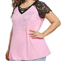 Plus Size Tops for Women BXzhiri Wear Beads Lace V-Neck Cross Short Sleeve Casual Crop Tops Hot Pink