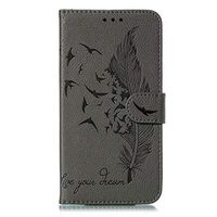 iPhone 11 Pro 2019 Case, Shockproof Premium Soft PU Leather Flip Notebook Wallet Case Embossed Feather Birds with Magnetic Stand Card Holder Slot Folio TPU Bumper Protective Skin Cover Gray