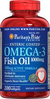 Puritan's Pride Omega-3 Fish Oil Coated 1000 mg (300 mg Active Omega-3)-200 Coated Softgels