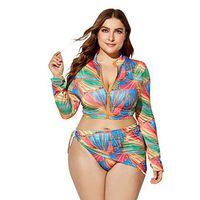 Women Beach Set Floral Print Long Sleeve Zipped Swimsuit 3PCS Bikini Tied Headscarf Swimwear (XXXL, Multicolor)