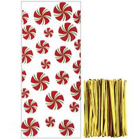 Tantuo 100 Pieces Christmas Cellophane Bags Treat Gift Bags Goodies Candy Bags Santa Patterns Cello Bags with 150 Pieces Twist Ties for Party Supplies (Style 6)