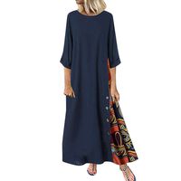 WENOVL Maxi Dresses for Women，Women Casual Patchwork 3/4 Sleeves O-Neck Button High Low Hem Plus Size Dress Navy