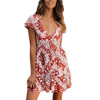 JQjian Womens Boho Floral Summer Party Evening Beach Short Sleeve Mini Dress Sundress (L, Red)