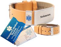 Pre-Engraved"Seizures" Medical Alert Identification Tan Top Grain Leather Wrist Band