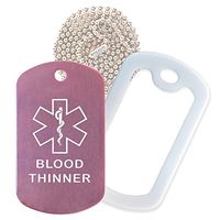 Blood Thinner Medical Alert ID Necklace with Pink Tag, White Silencer, and 30'' USA Chain - 154 Color Choices