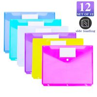 12 Pack Poly Binder Pocket, Side Loading,Letter Size, Pocket Folders Poly Envelopes Clear Document Folders for 3 Ring Binder with Label Pocket & Snap Button for School Home Office