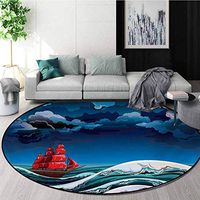 RUGSMAT Nautical Modern Washable Round Bath Mat,Vintage Vessel Sailing in Stormy Weather at Dark Night Majestic Wave Print Non-Slip Bathroom Soft Floor Mat Home Decor,Round-51 Inch