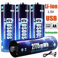 Rechargeable AA Batteries 4 Pack, 1850mAh Lithium AA Batteries, Long Lasting Double A Batteries with USB Charge Cable, 1.5V/2775mWh Batteries AA for Electronics, Toy Cars, Game Controller, Mouse