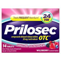 Prilosec OTC Frequent Heartburn Relief Medicine and Acid Reducer, Wildberry Flavor, 14 Tablets – Omeprazole Delayed-Release Tablets 20mg - Proton Pump